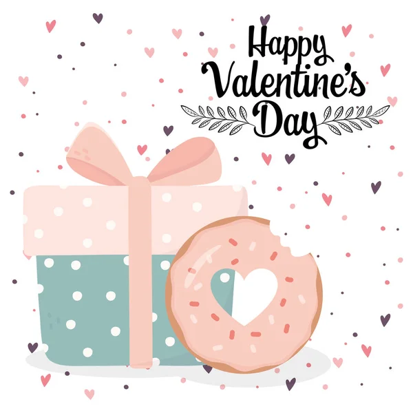 Happy valentines day dotted gift box and bite donut dessert — Stock Vector