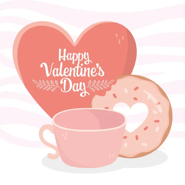 Happy valentines day heart love sweet donut and coffee cup card — Stok Vektör