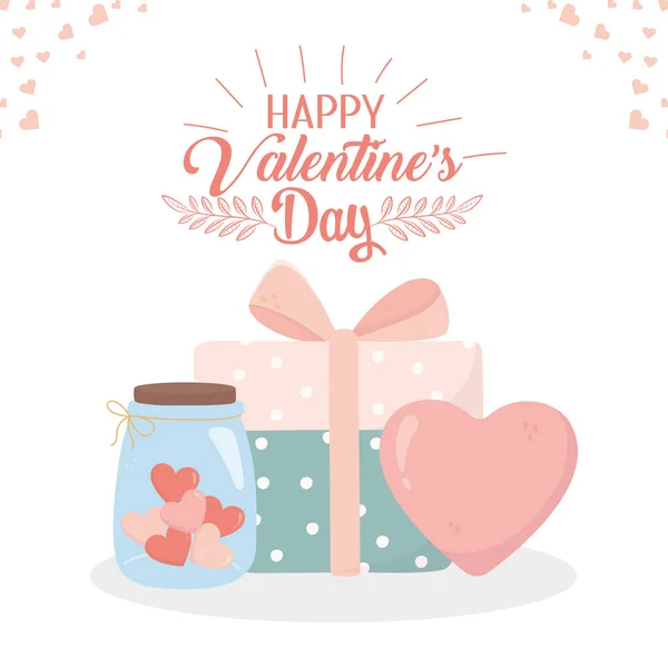 Happy valentines day gift box jar glass heart love card — Stock Vector