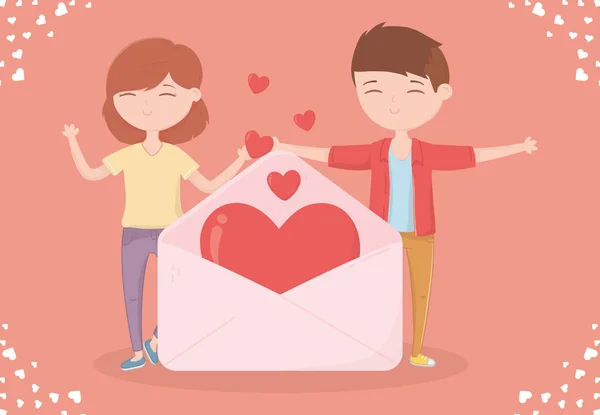 Happy valentines day smiling couple with envelope hearts love card — 스톡 벡터