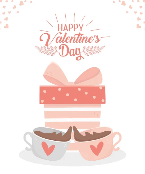 Happy valentines day cute gift box and coffee cups card — Stock Vector