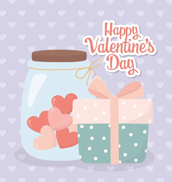 Happy valentines day gift box and jar glass heart love card — Stock Vector