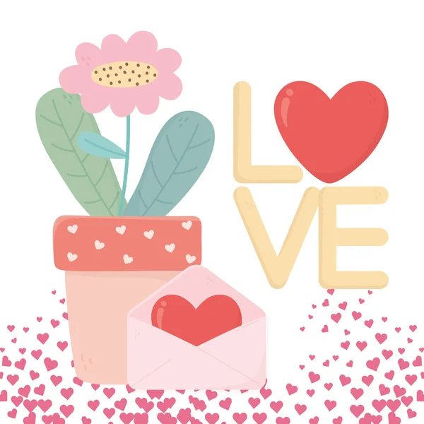 Happy valentines day potted flower envelope message love hearts card — Vettoriale Stock
