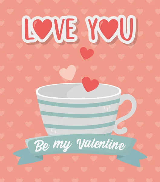 Happy valentines day striped coffee cup and hearts love background — Stock vektor