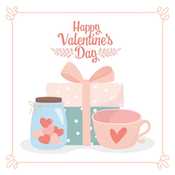 Happy valentines day wrapped gift box coffee cup and jar glass heart love card — 图库矢量图片