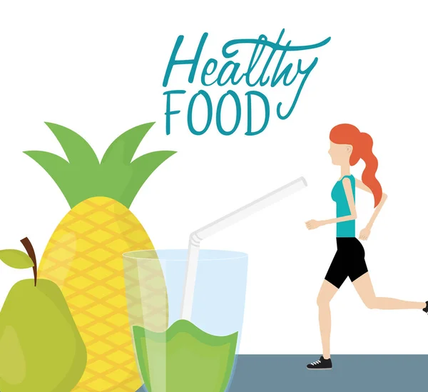 Running woman with pineapple pear and juice health food — Stock Vector