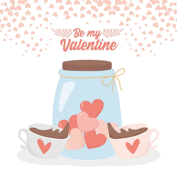 Happy valentines day coffee cups and jar glass with hearts love card — Stock Vector