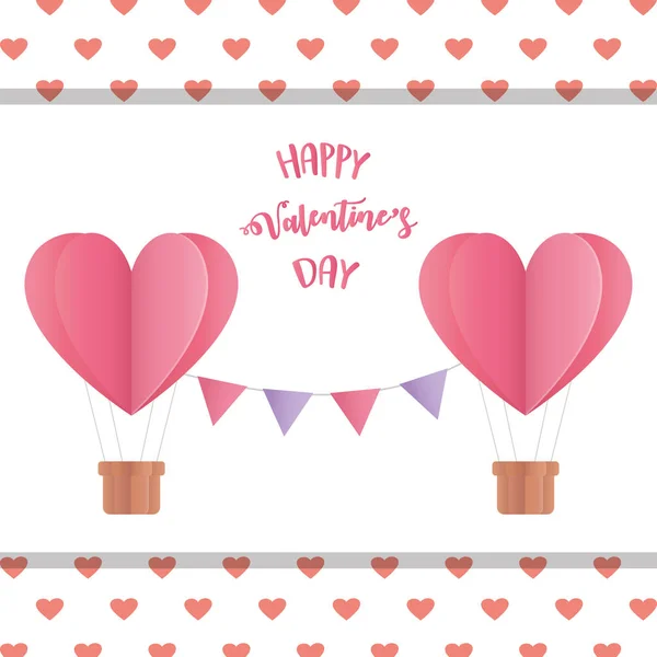 Happy valentines day origami paper hot air balloon hearts baskets pennants — Image vectorielle