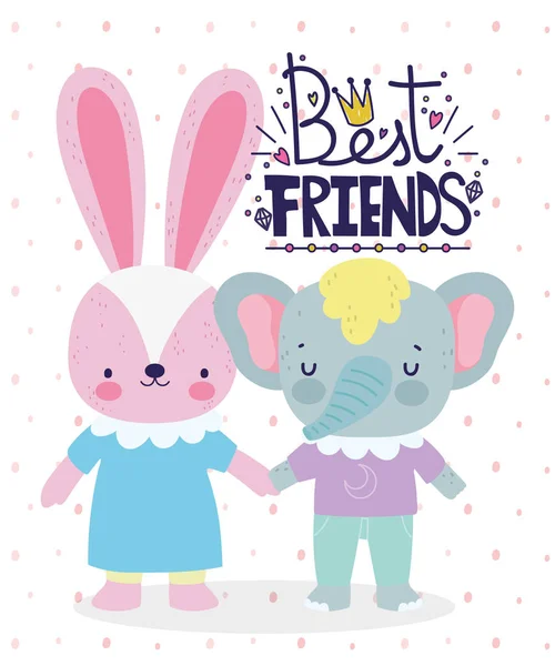 Best friends cute rabbit and elephant holding hands card — Stock Vector