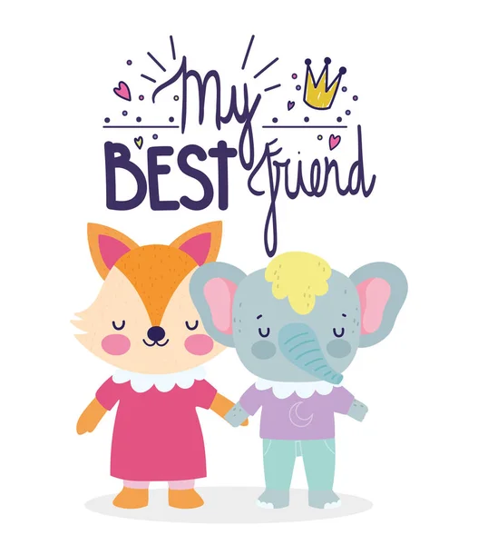 Best friends card cute fox and elephant cartoon card — 스톡 벡터