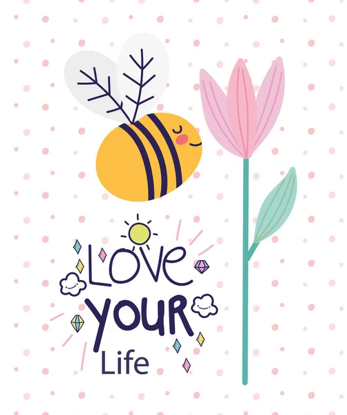 Love your life lettering fly bee flower greeting card — Vector de stock