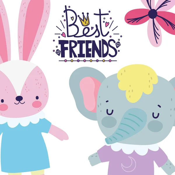 Friendship day cute rabbit and elephant together holding hands greeting card — Archivo Imágenes Vectoriales