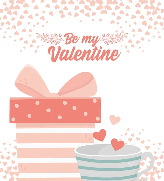 Happy valentines day gift box and coffee cup hearts love passion — Vector de stock