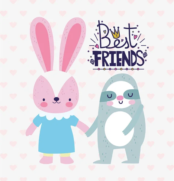 Best friends cute rabbit and sloth holding hands card — Stock Vector