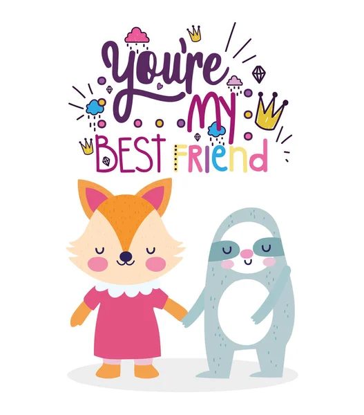 Best friends card cute fox and sloth cartoon holding hands — Διανυσματικό Αρχείο