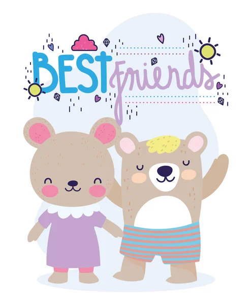 Best friends little bears with dress and pants cartoon card —  Vetores de Stock