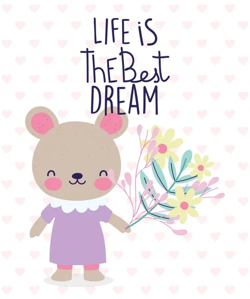 Life is the beast dream cute bear with flowers hearts background — Vector de stock