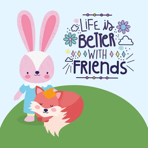 Best friends cute rabbit and fox in the grass cartoon card — стоковый вектор