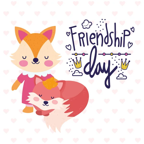 Friendship day cute foxes together greeting card — Stock Vector