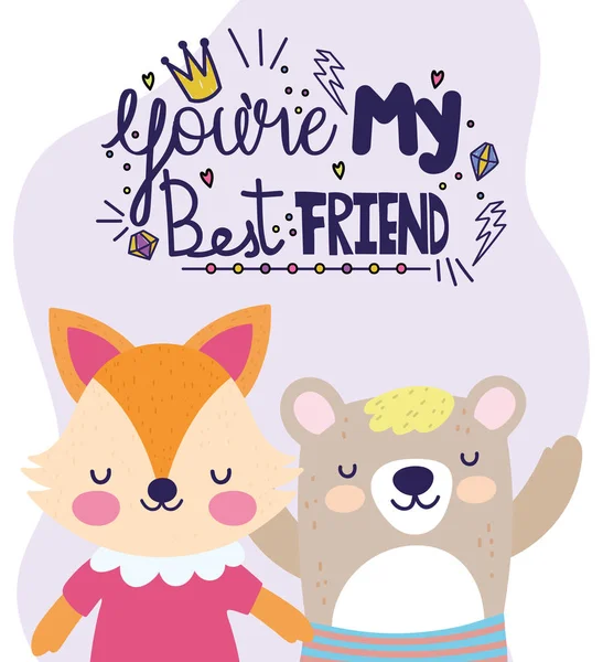 Best friends cute fox and bear cartoon card - Stok Vektor