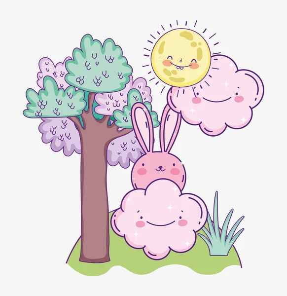 Cute pink rabbit cartoon clouds sunny day tree — Stock Vector