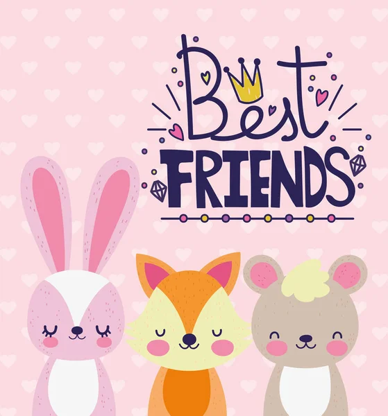 Cute animals fox rabbit bear best friends card — Archivo Imágenes Vectoriales