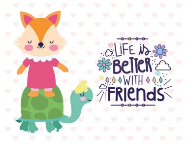 best friends cute fox on turtle cartoon card