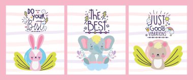 friendship day cute little animals flowers lettering cards