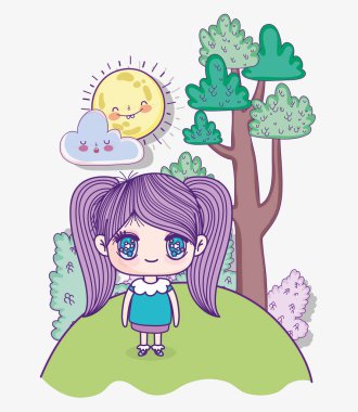 Kids, cute little girl cartoon anime with ponytails hair in grass tree vector