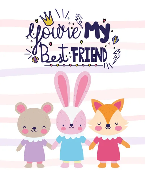 Youre my best friend cute animals holding hands card — Archivo Imágenes Vectoriales