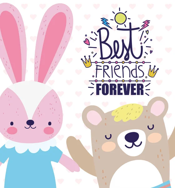 Best friends cute rabbit with dress and bear cartoon card — Wektor stockowy