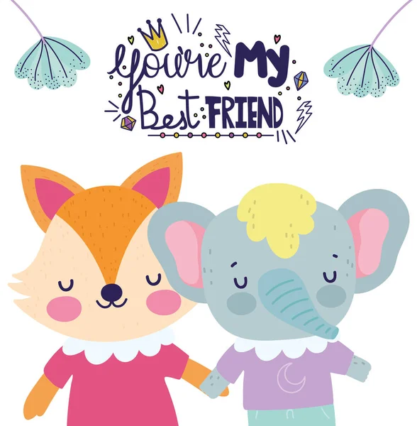 Friendship day cute fox and elephant together holding hands greeting card — Archivo Imágenes Vectoriales