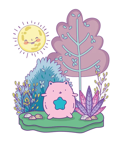 Cute pink cat with star and tree foliage sunny day — стоковый вектор