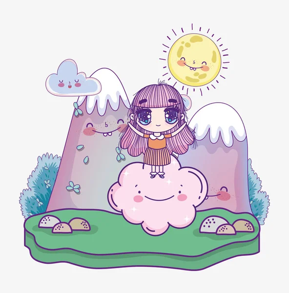 Kids, cute little girl anime on cloud cartoon mountains sun — Archivo Imágenes Vectoriales