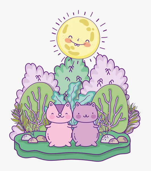 Cute squirrel and cat cartoon nature trees bushes sunny day — Stock vektor