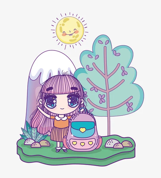 Kids, cute little girl anime cartoon backpack snowy mountain tree sun — Stockový vektor