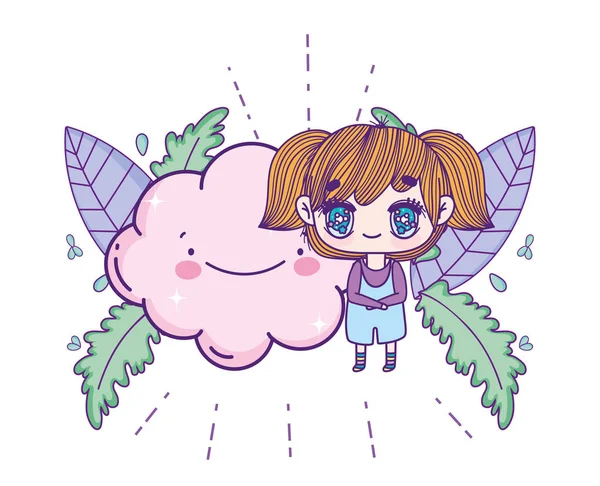 Kids, cute little girl anime cartoon cloud leaves foliage — Vector de stock