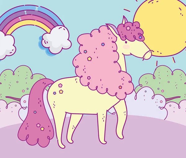 Cute unicorn rainbow landscape sun fantasy magic cartoon — стоковый вектор