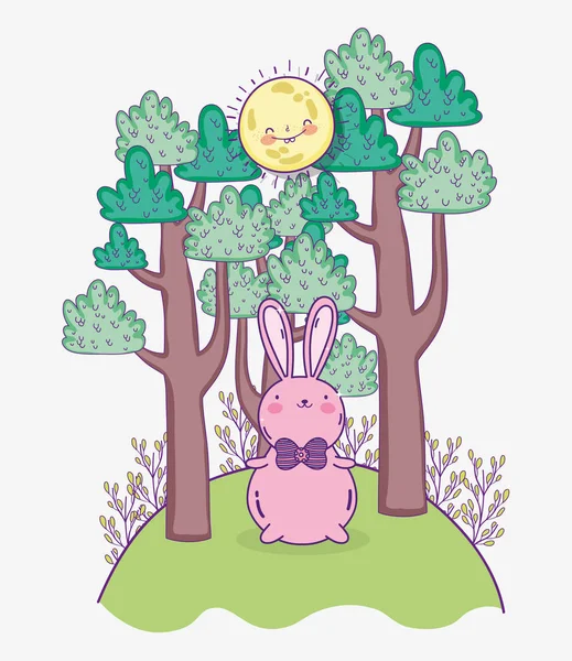 Cute pink rabbit with bow tie in the park trees sunny day — Vettoriale Stock