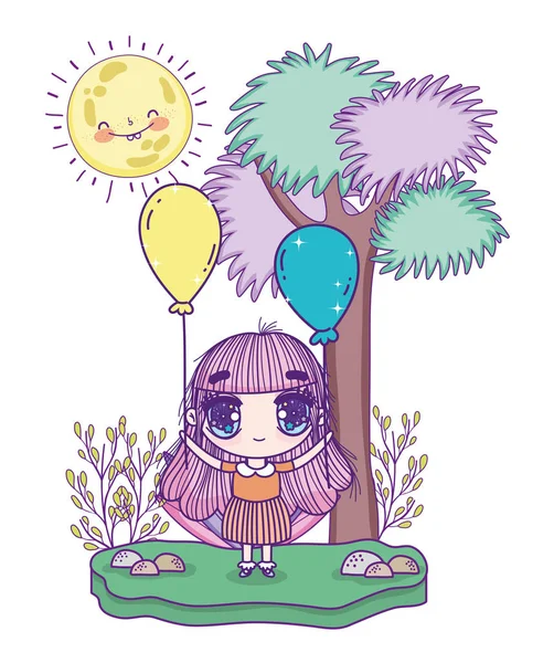 Kids, cute little girl anime cartoon with balloons decoration tree sun — 图库矢量图片