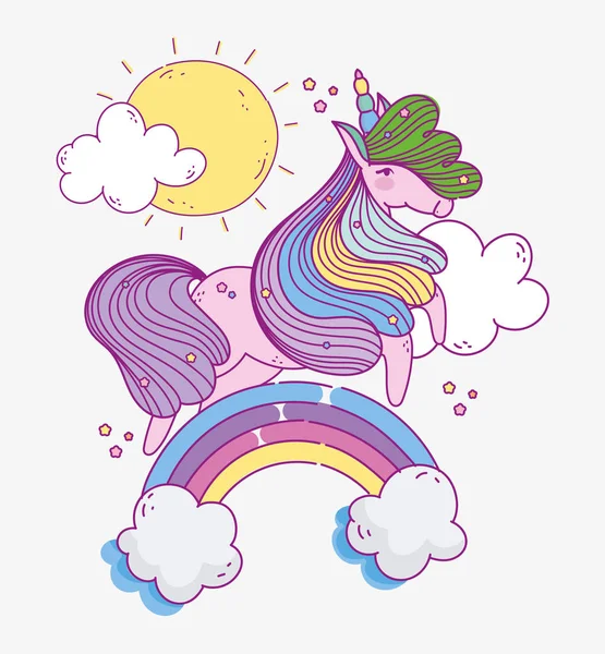 Adorable unicorn on rainbow dream fantasy magic cartoon - Stok Vektor