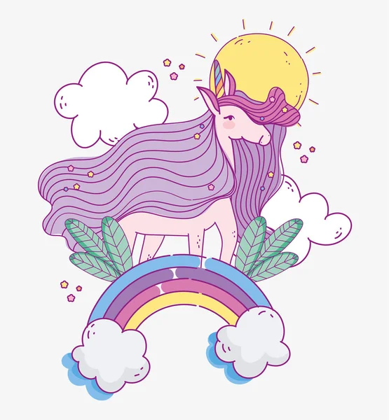 Lovely unicorn on rainbow leaves clouds fantasy magic cartoon - Stok Vektor