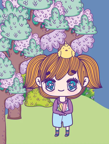 Παιδιά, χαριτωμένο κοριτσάκι anime κινουμένων σχεδίων με λουλούδι και κοτόπουλο στο κεφάλι — Διανυσματικό Αρχείο
