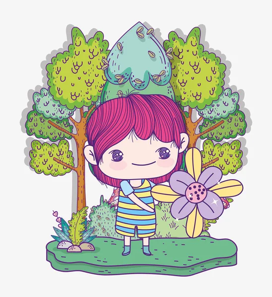 Ungar, söt liten pojke med blomsterträd växter natur — Stock vektor