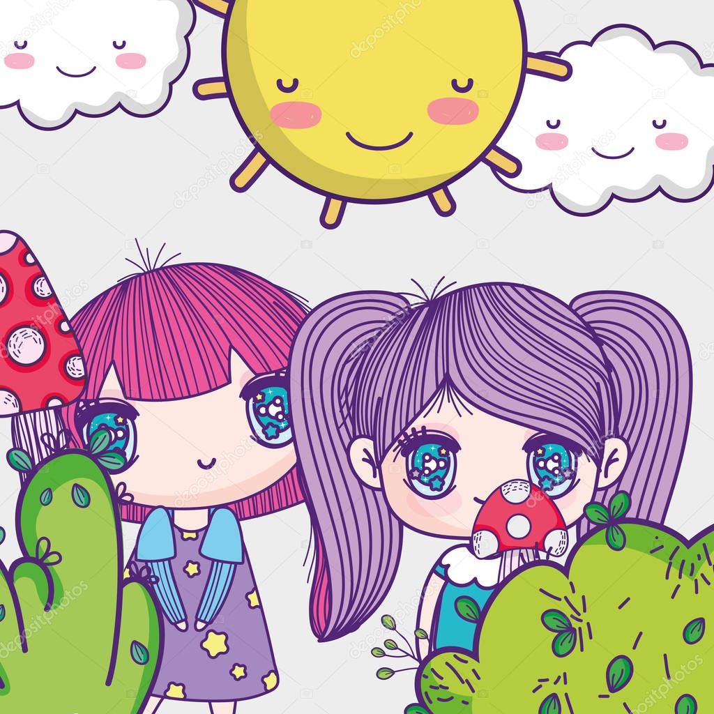 kids, little girls anime cartoon bush nature mushroom sunny day