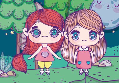 Çocuklar, küçük tatlı kızlar gece parkında çizgi film.