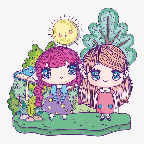 Děti, roztomilé holčičky anime kreslené v poli stromy houby slunce přírodní — Stockový vektor