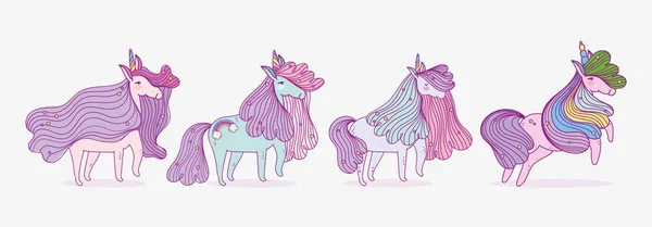 Set of cute unicorns fantasy magic cartoon - Stok Vektor