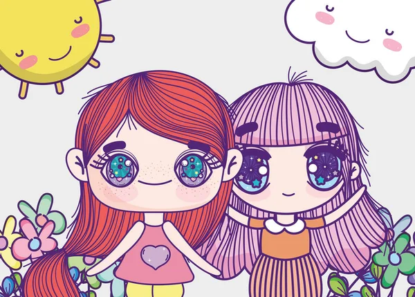 Παιδιά, μικρά κορίτσια anime λουλούδια κινουμένων σχεδίων ηλιόλουστη μέρα — Διανυσματικό Αρχείο