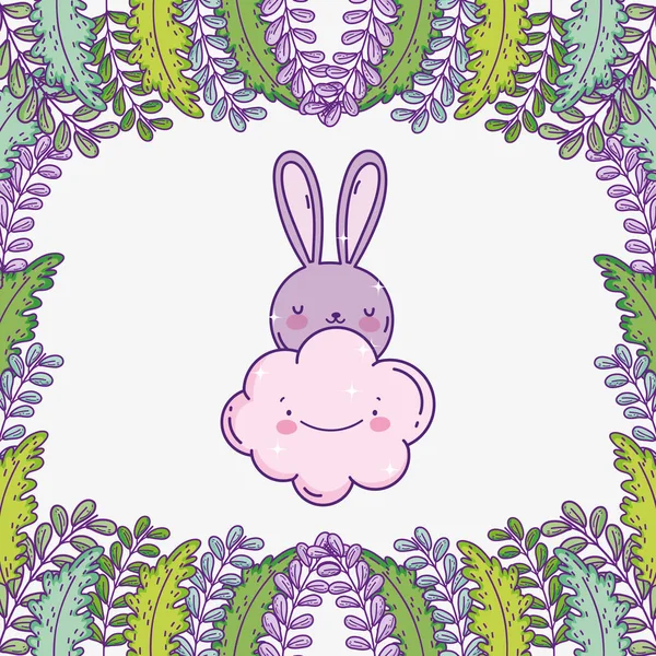 Милий кролик мультфільм тварин хмарне листя прикраси — стоковий вектор